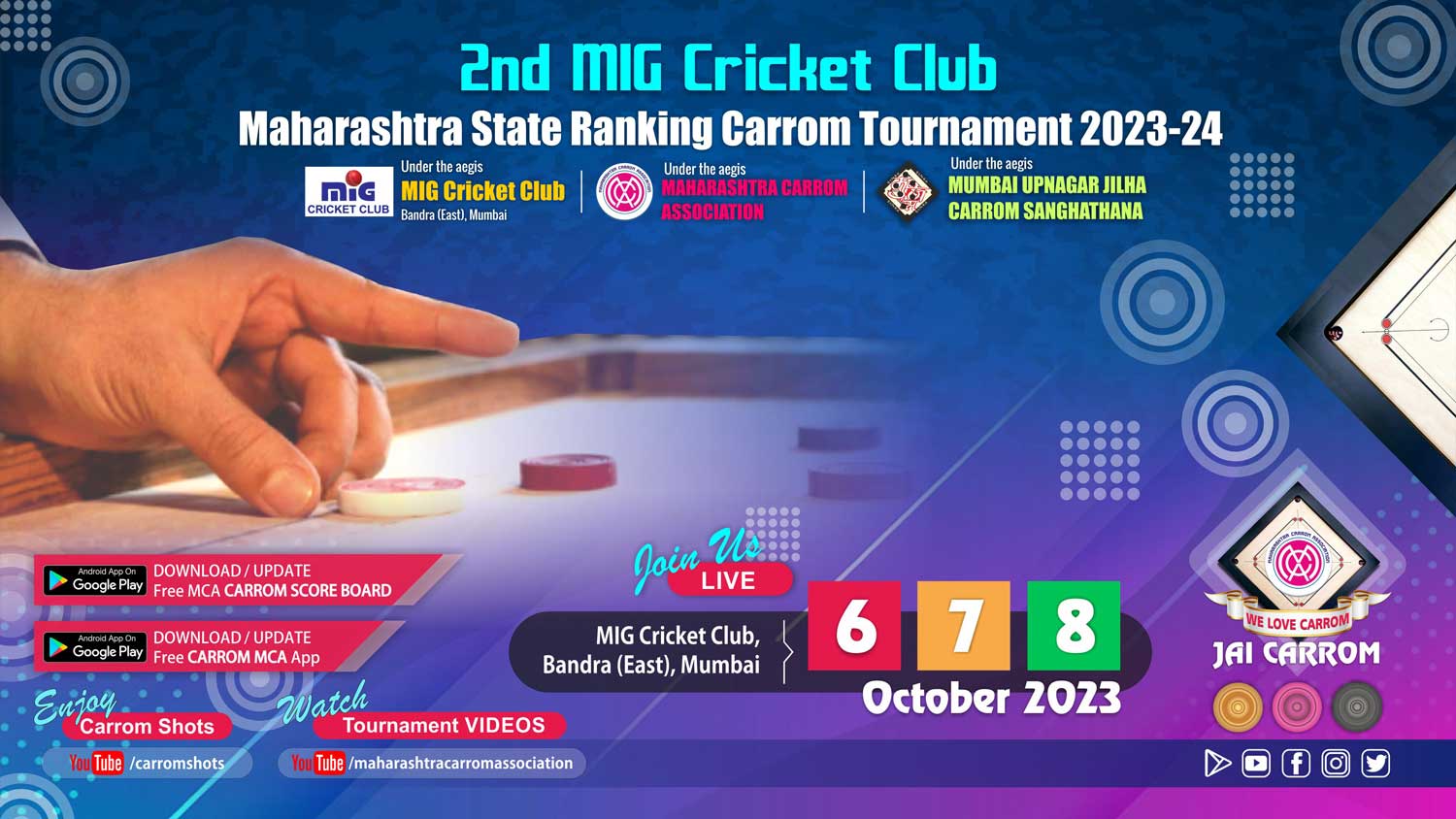 2nd MIG Cricket Club Maharashtra State Ranking Carrom Tournament 2023-24